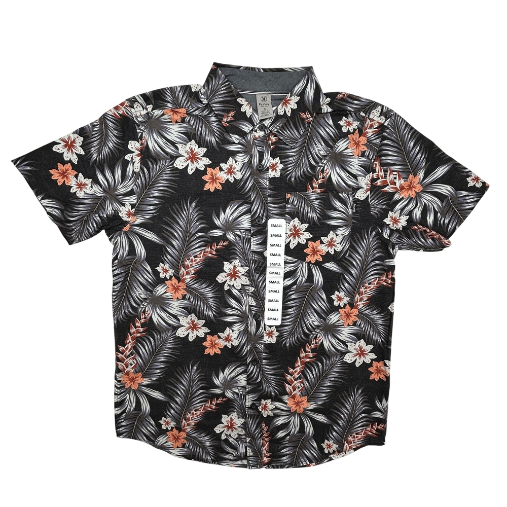 Hurley Shirt Mens Small Short Sleeve Patio Woven Floral Tropical Stretch Black